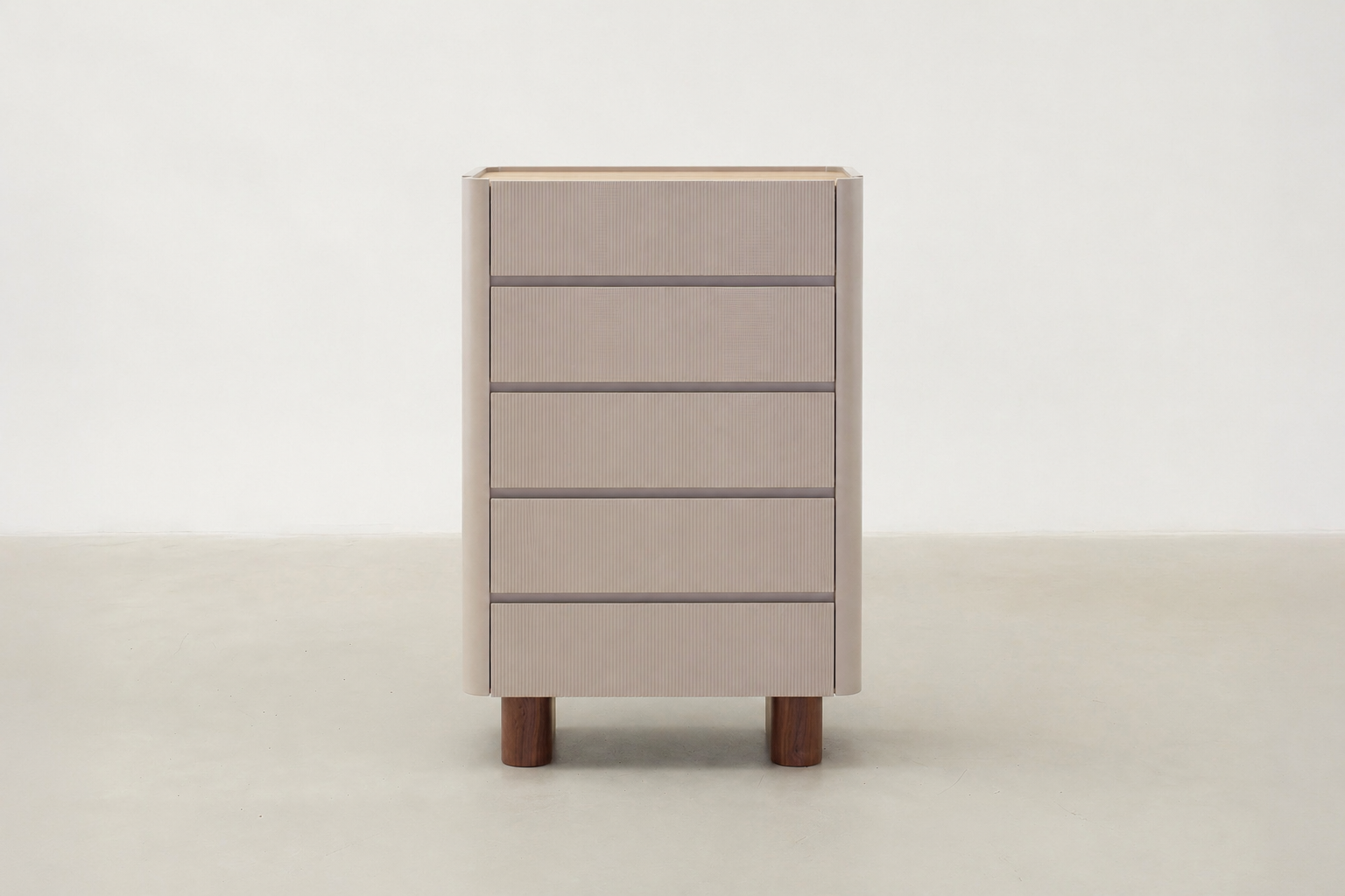 Avimire tall storage cabinet with travertine-look top, matte beige finish, and walnut-pattern legs