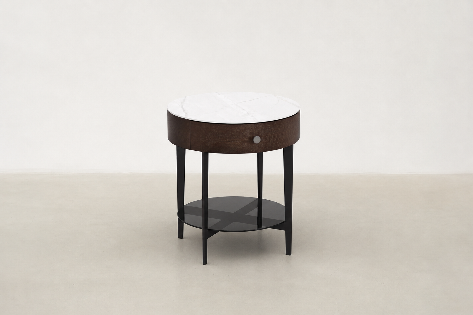Billy round nightstand with white sintered stone top, smoked wood veneer body, and tinted glass shelf