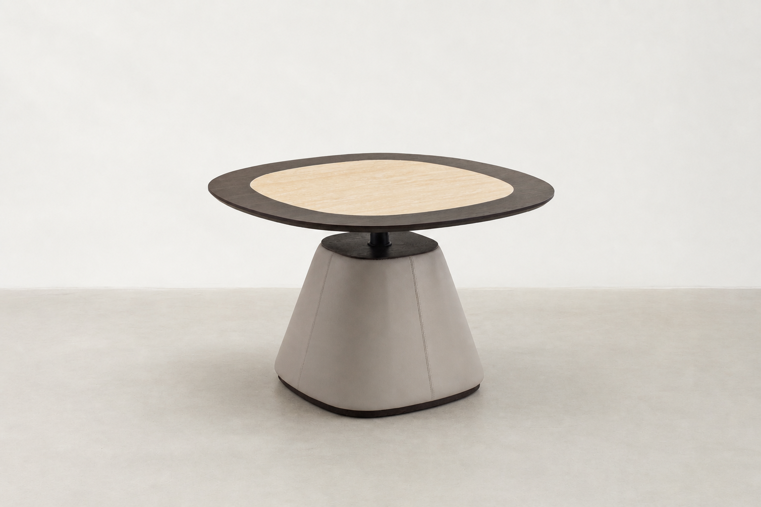 Cotolas dining table with travertine-look sintered stone top, smoked oak veneer frame, and vegan leather base