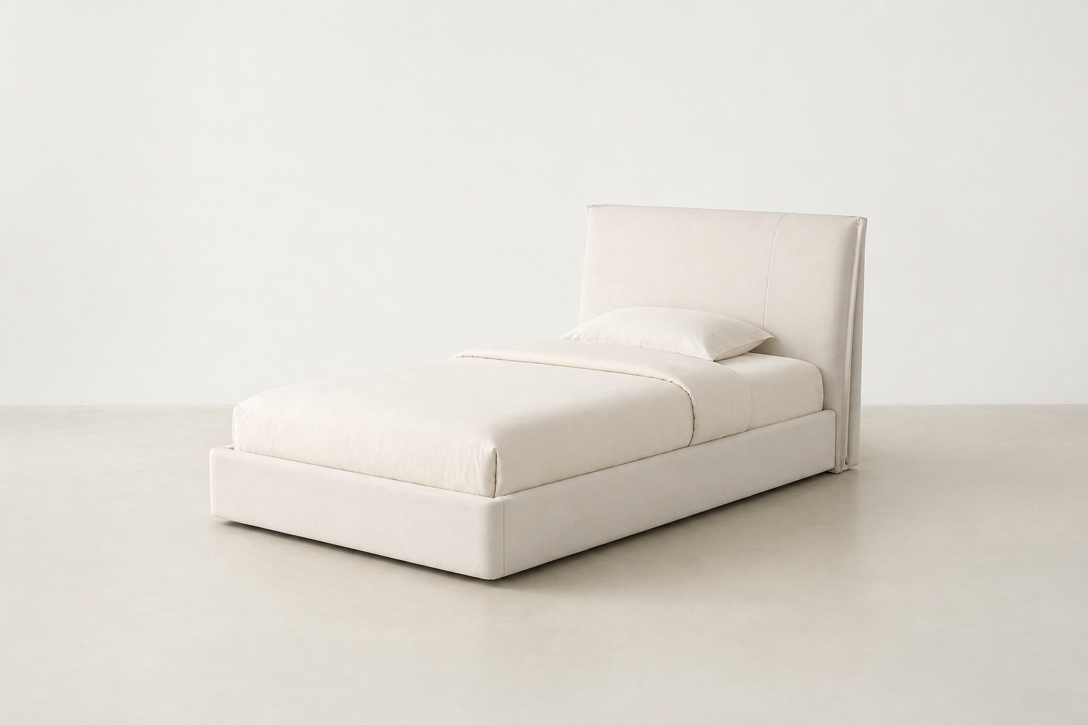 Floatica_white_twin size bed
Minimal flat-pack upholstered bed in grey microfiber leather with curved edges – Canadian modern bed design