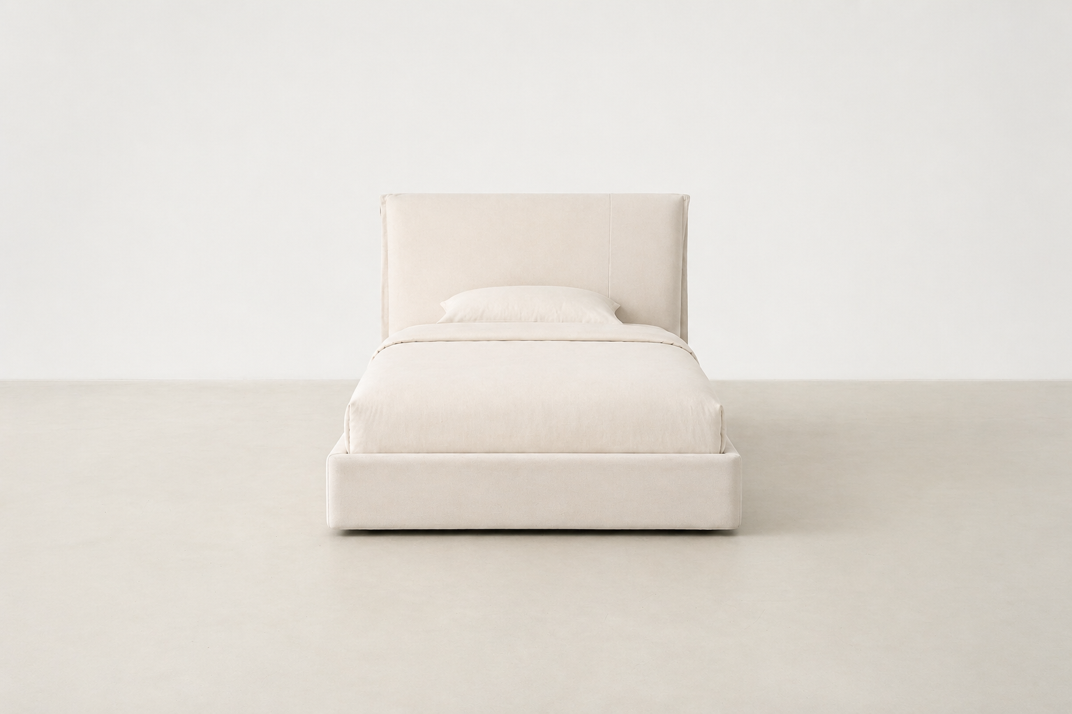 Floatica_white_twin size bed
Minimal flat-pack upholstered bed in grey microfiber leather with curved edges – Canadian modern bed design