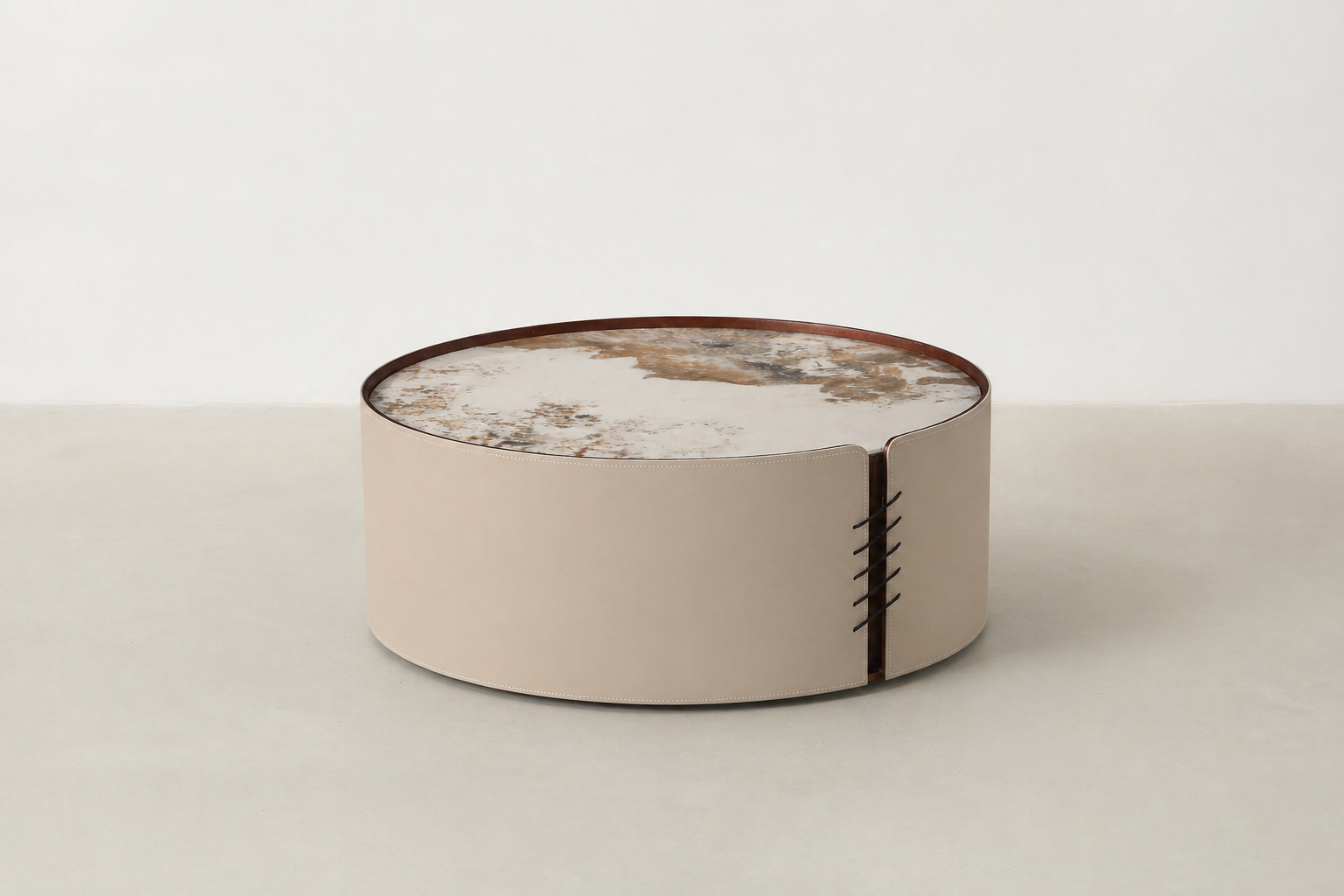 Gafande round nesting coffee table set with sintered stone tops and vegan leather sides – modern Canadian furniture