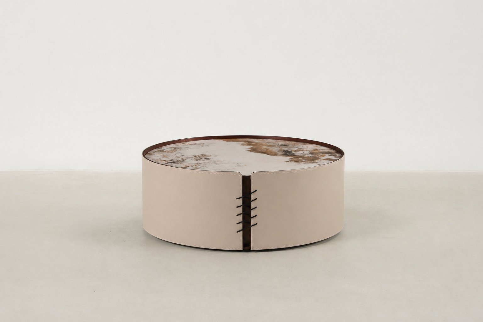 Gafande round nesting coffee table set with sintered stone tops and vegan leather sides – modern Canadian furniture