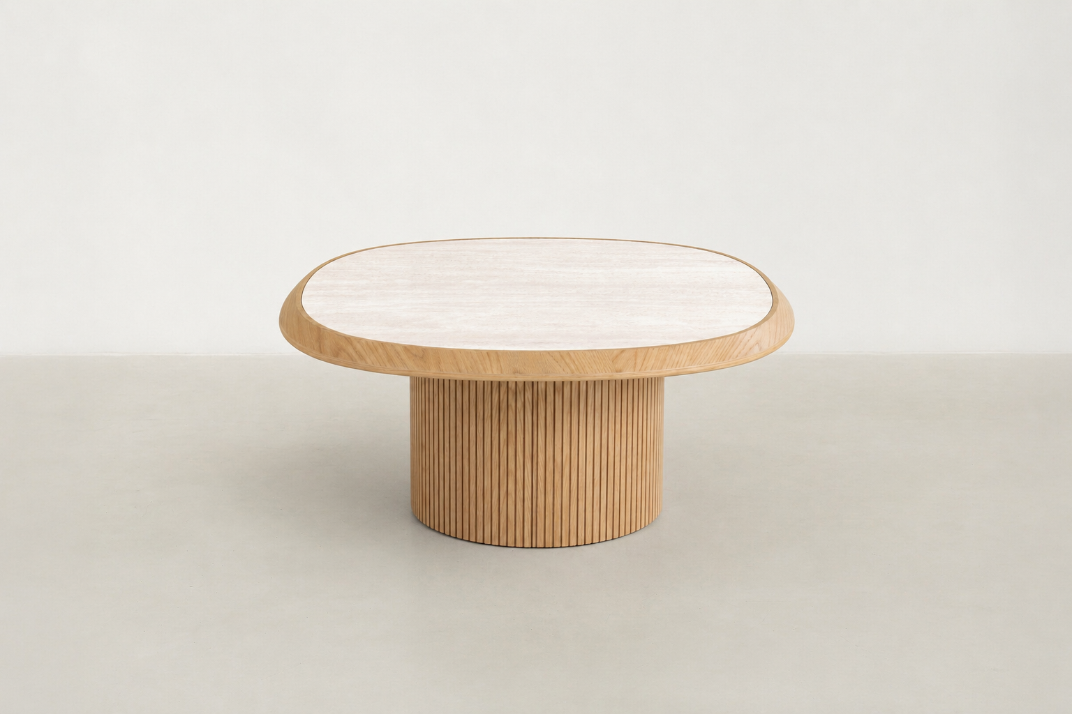 Japandi-inspired Galatero pairs a travertine-look tempered-glass top with an oak fluted pedestal, delivering an airy profile that’s minimal, elegant, and made for everyday living.