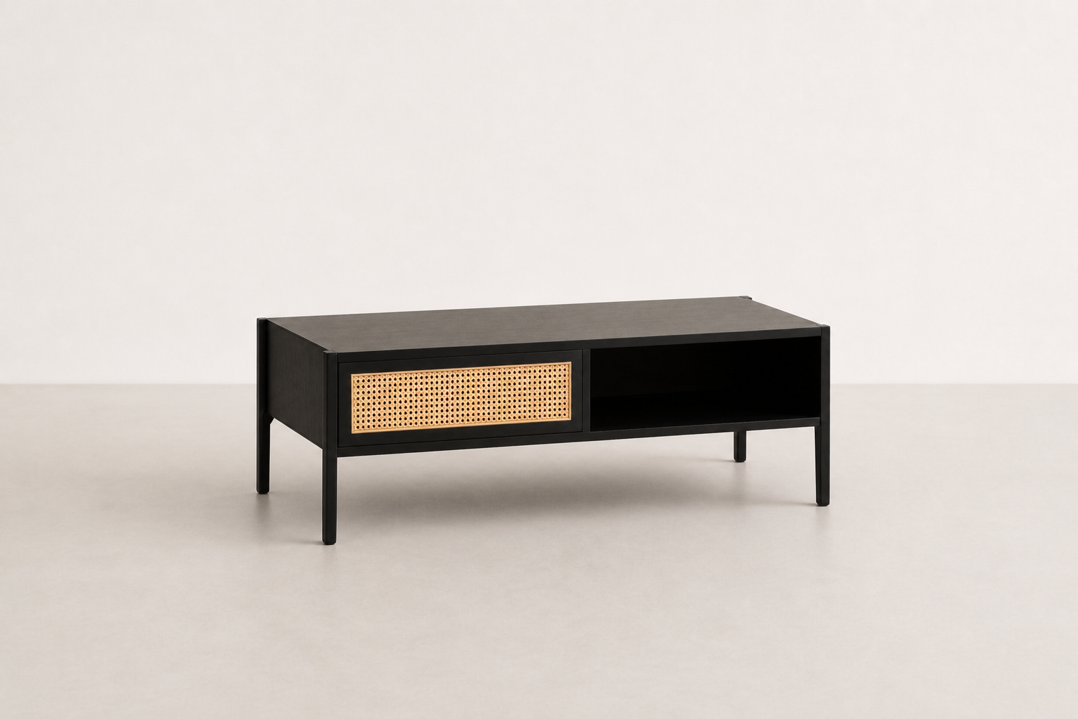 Geviso Japandi coffee table with oak veneer top, cane detail, sliding door storage, and black steel legs