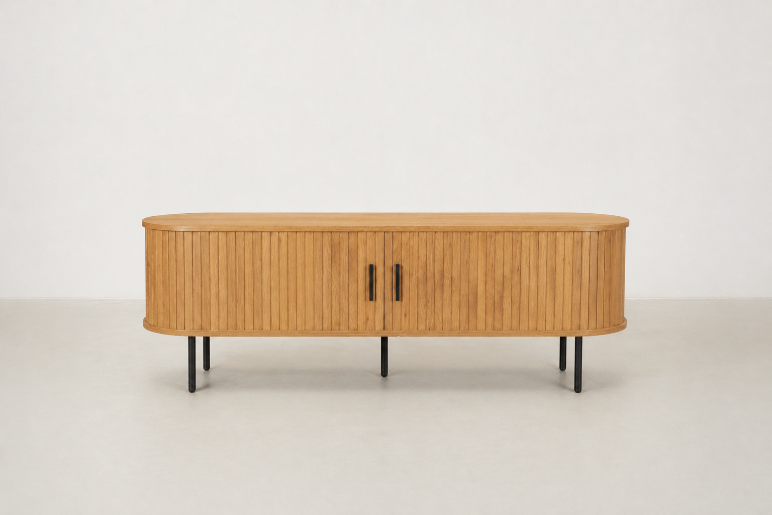 Fluted oak TV cabinet with sliding doors – Lesozov Japandi media console