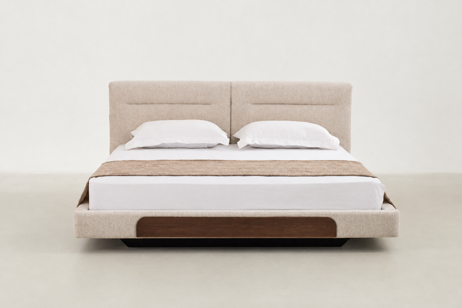 Macar Japandi-style cream upholstered bed with walnut wood accent and low-profile frame