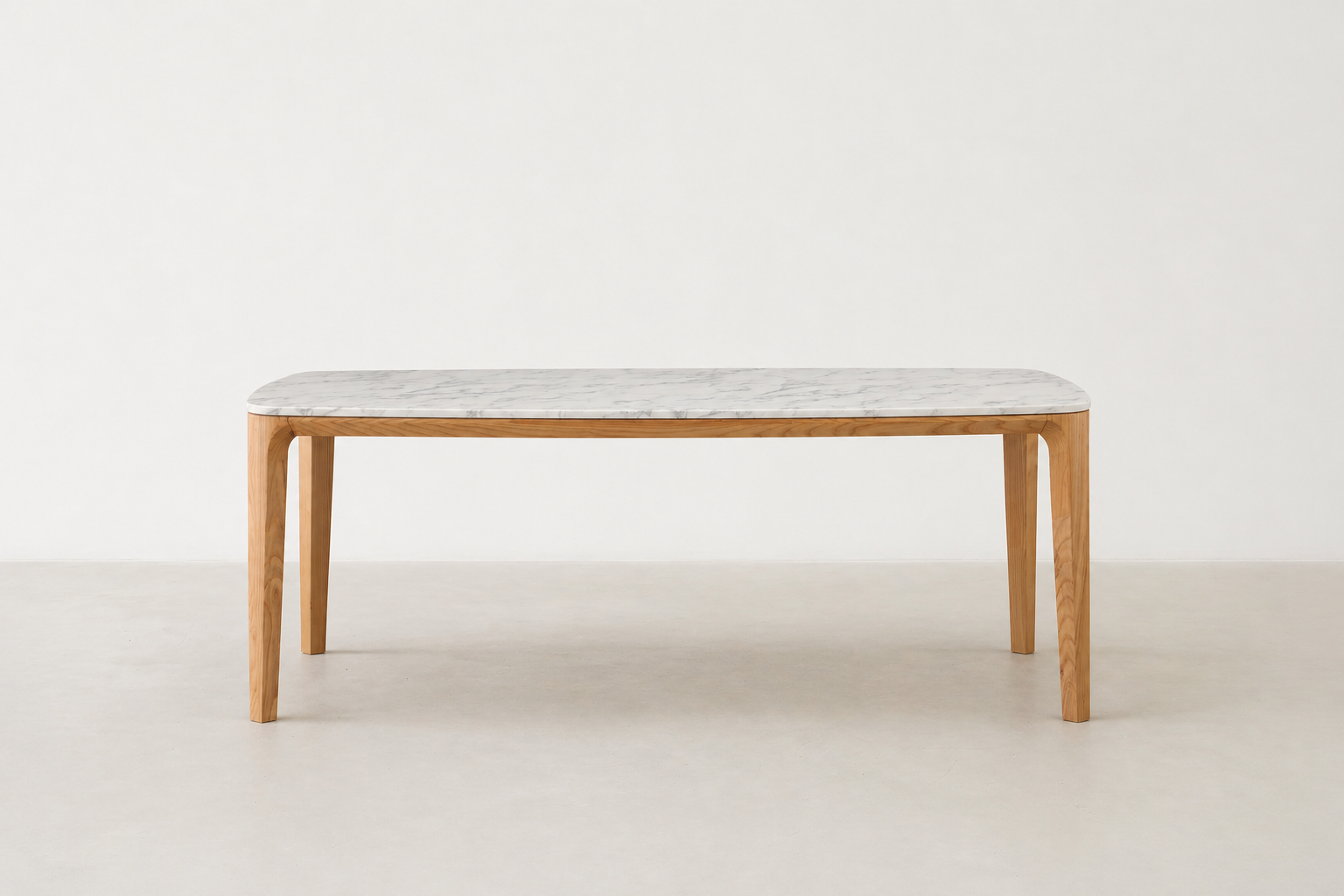 Maldola dining table with Carrara marble top and oak wood base in Japandi style