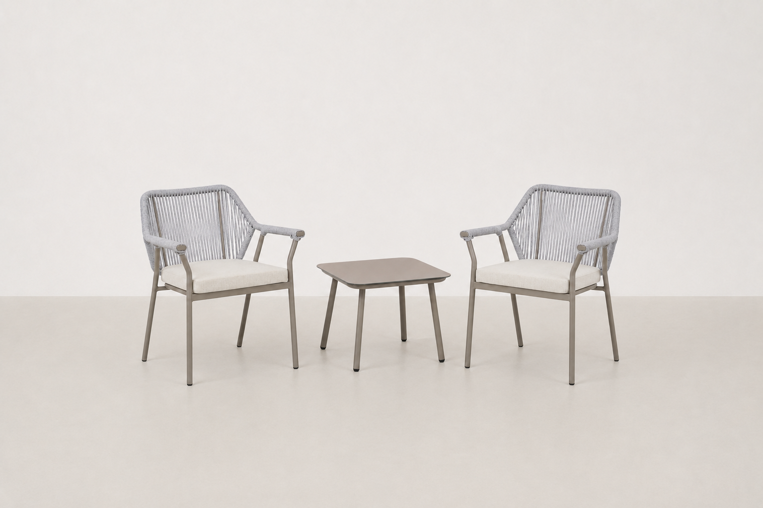 Geirsa Japandi outdoor chair and coffee table set with all-weather rope and tempered glass top