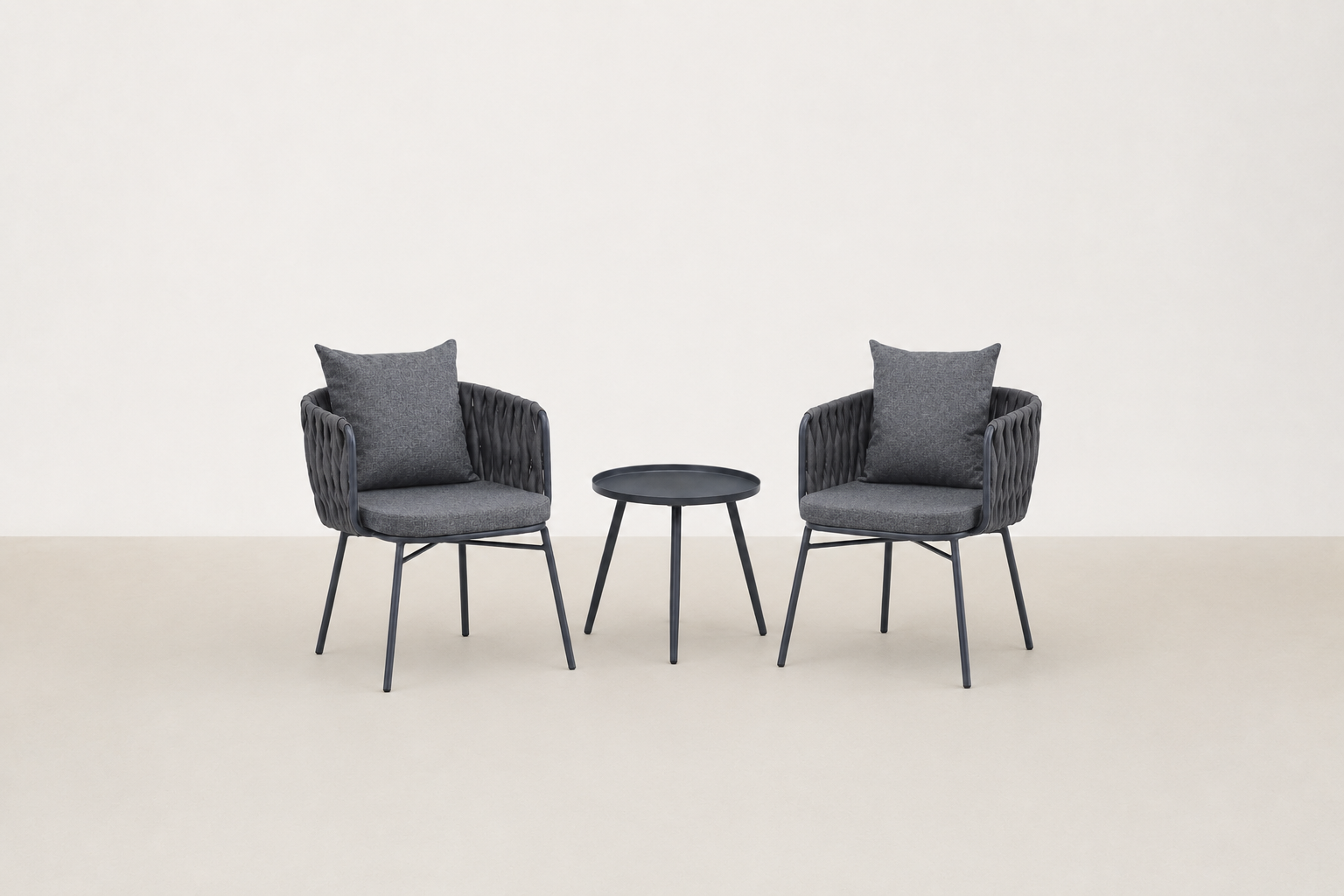 Hvalsey Japandi outdoor chair and end table set with PE rattan weave and steel frame
