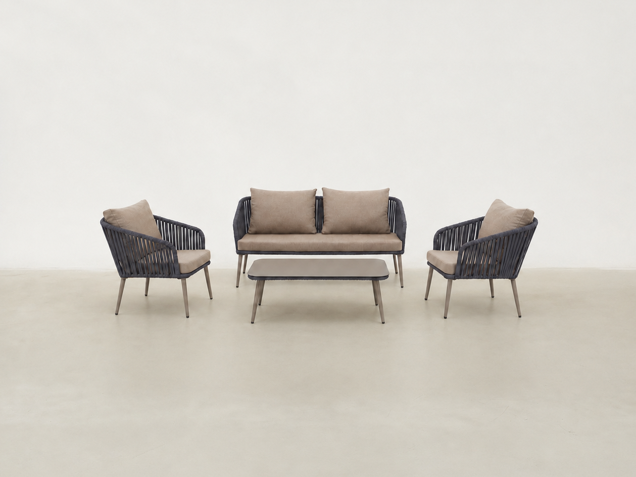 Krokr Luxe outdoor patio set with all-weather rope seating and tempered glass coffee table