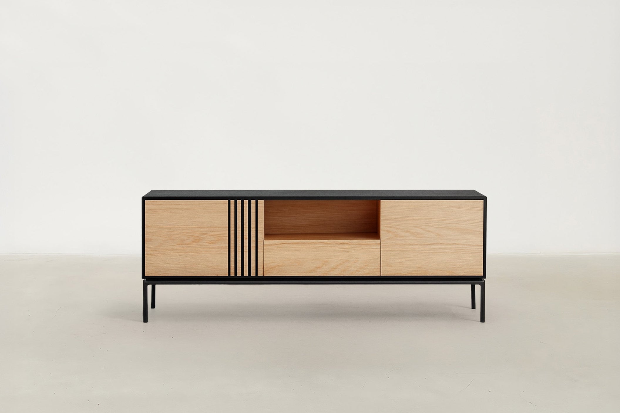 Rolovka Japandi TV cabinet with black oak frame, oak front panels, and open centre shelf