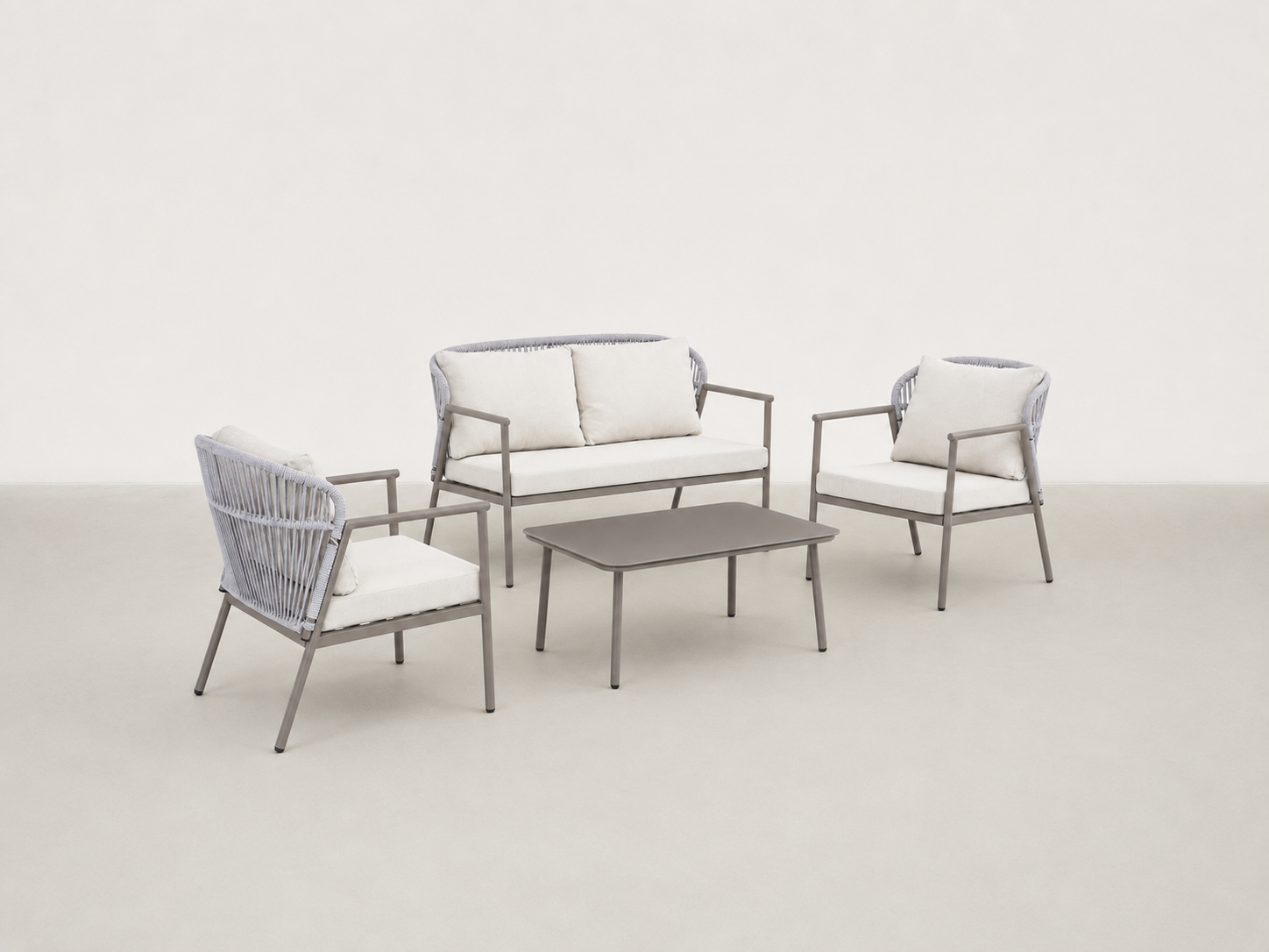 Sandvik Japandi outdoor patio set with all-weather rope seating and tempered glass coffee table