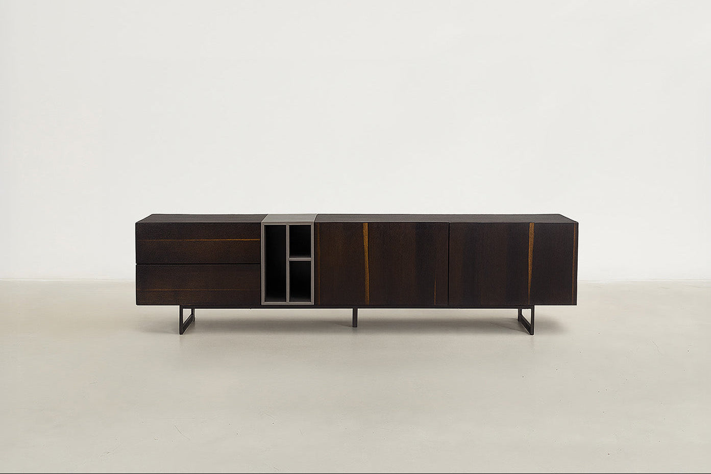 "Soluga modern walnut TV stand with smoked red wood finish, open shelving, and push-to-open drawers in a low profile media console design.
"