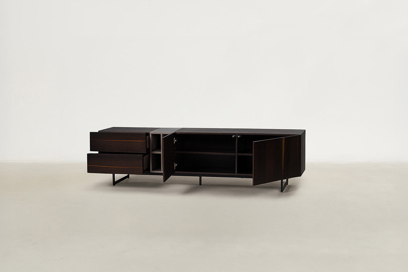 "Soluga modern walnut TV stand with smoked red wood finish, open shelving, and push-to-open drawers in a low profile media console design.
"