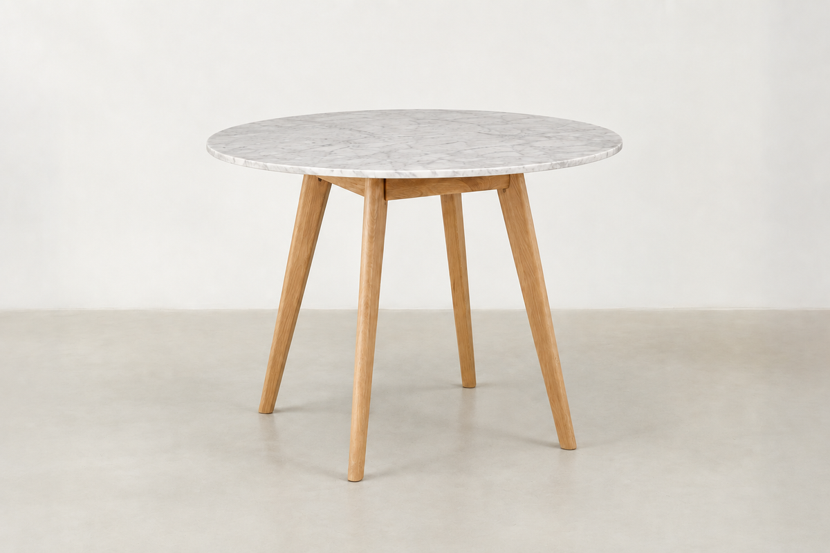 Tami Japandi round dining table with polished Carrara white marble top and solid wood legs