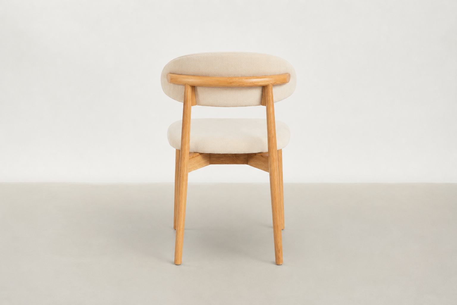 Zamowa Japandi dining chair with soft weave fabric, curved back support, and solid oak legs