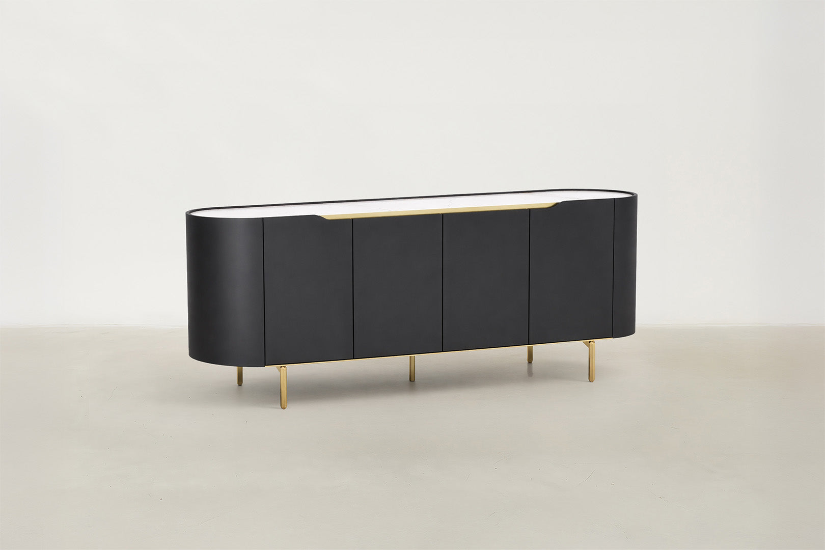Orion Luxe sideboard with white sintered stone top, matte black body, and gold-plated legs