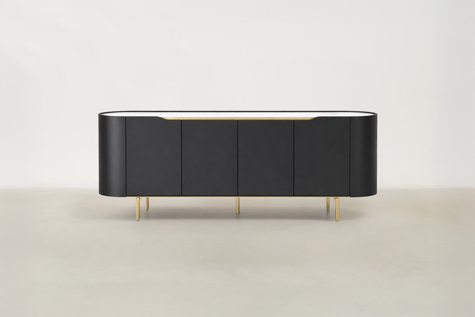 Orion Luxe sideboard with white sintered stone top, matte black body, and gold-plated legs
