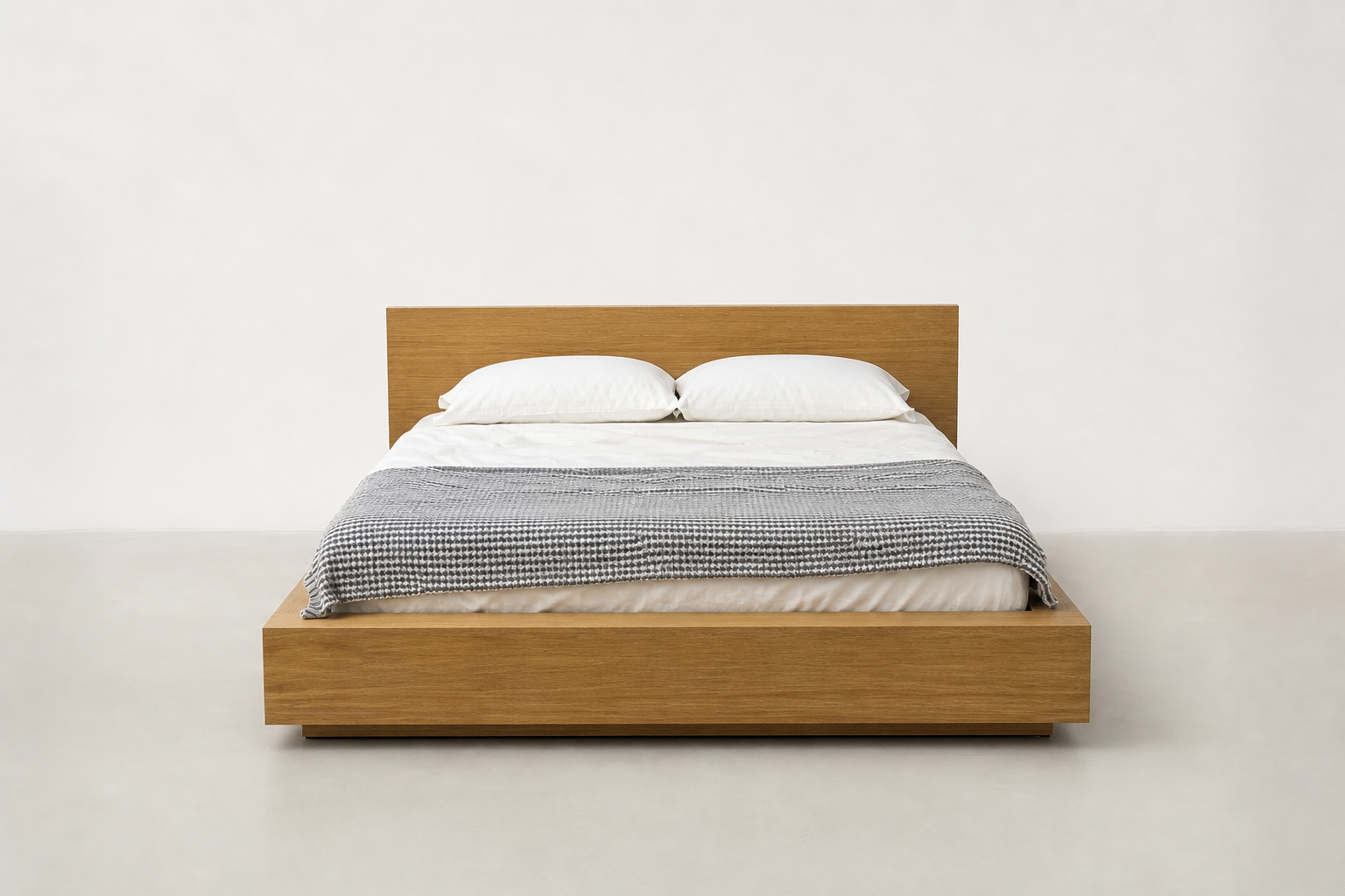 Otaleo Japandi bed in natural oak veneer with low-profile frame and thick sideboards