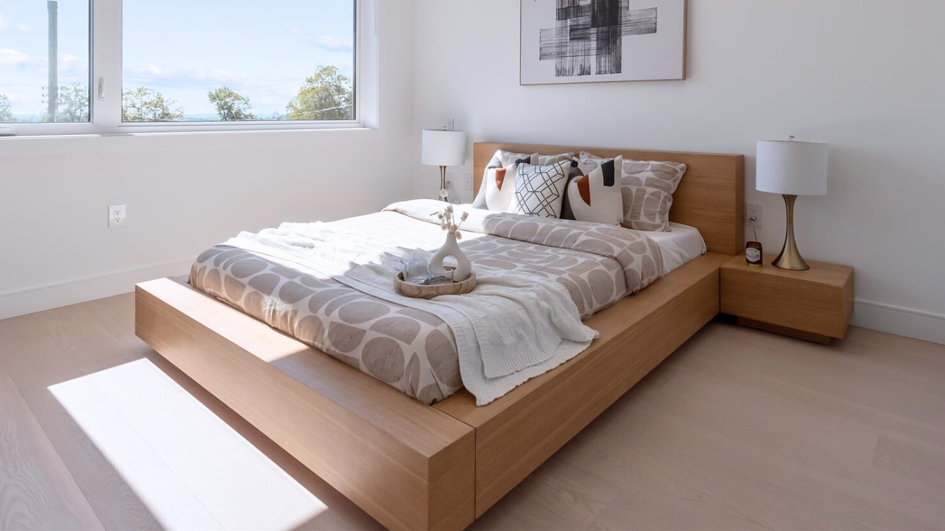 Otaleo Japandi bed in natural oak veneer with low-profile frame and thick sideboards
