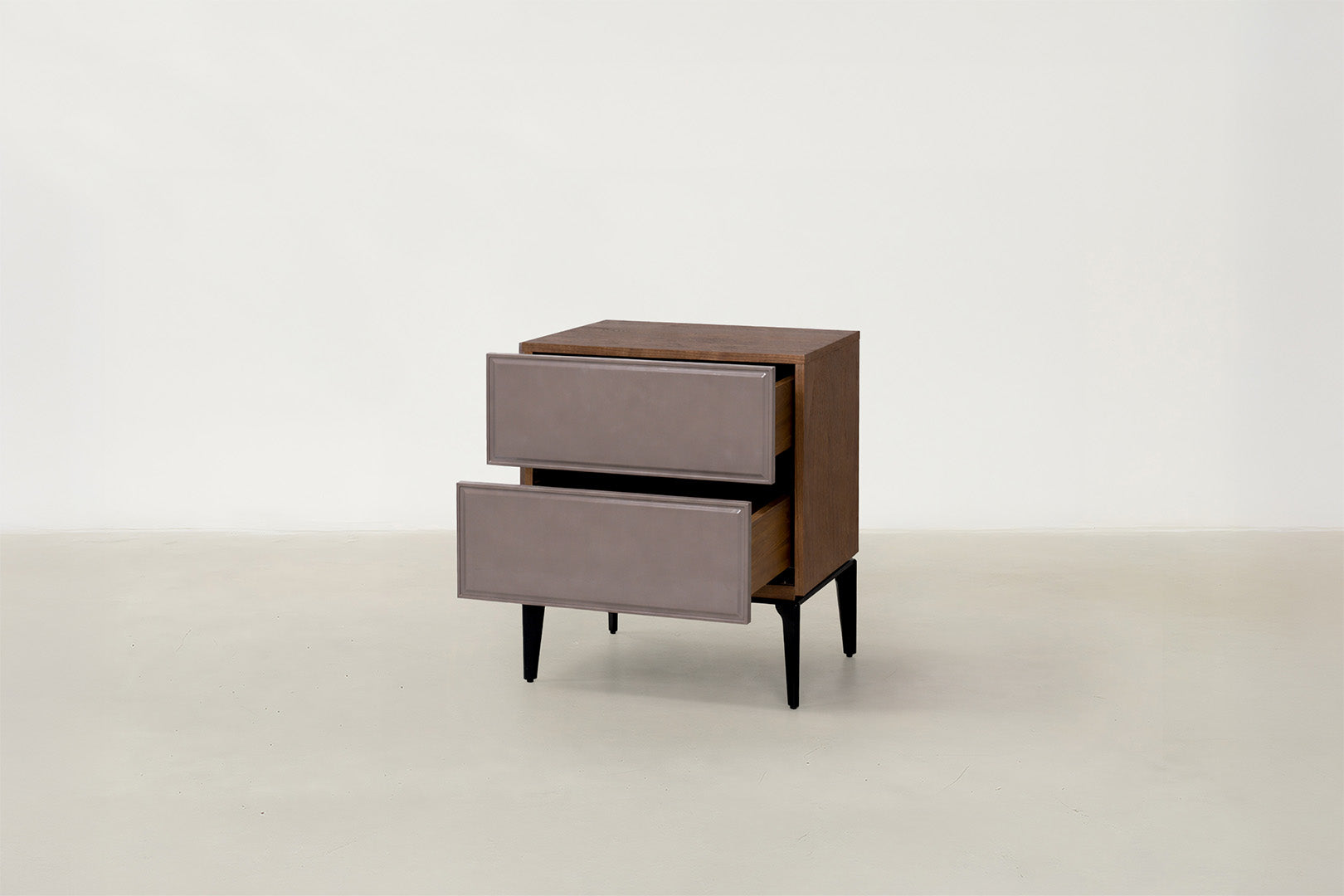 Saphton walnut veneer nightstand with glossy stone-look drawer front and black metal legs