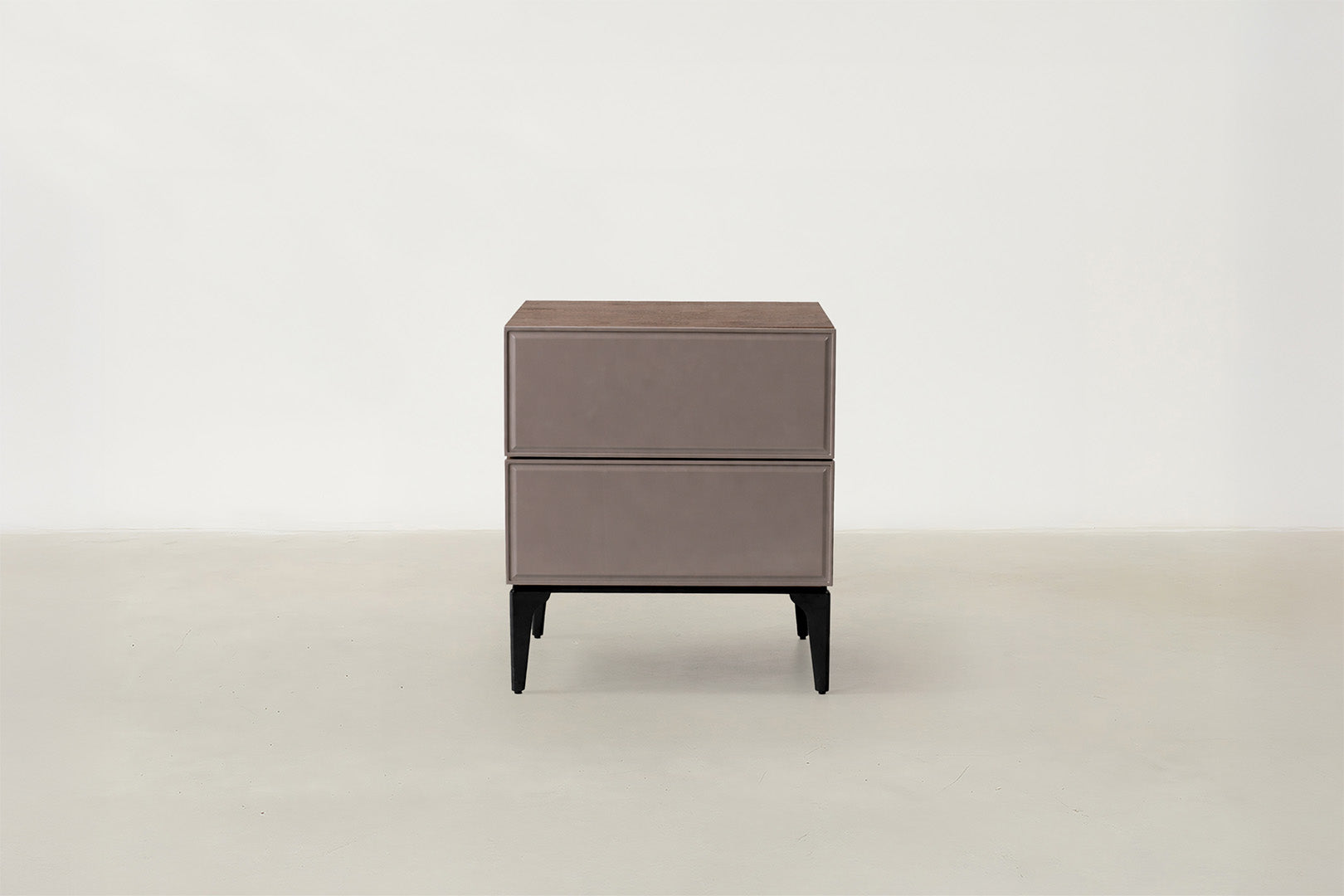 Saphton walnut veneer nightstand with glossy stone-look drawer front and black metal legs