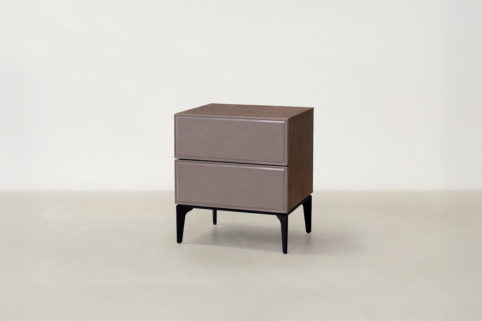 Saphton walnut veneer nightstand with glossy stone-look drawer front and black metal legs