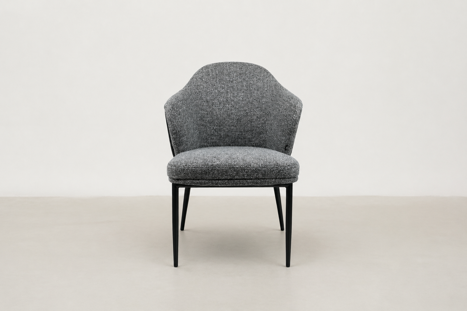 "Sitifis modern curved back dining chair in grey fabric with taupe faux leather back and black steel legs.
"