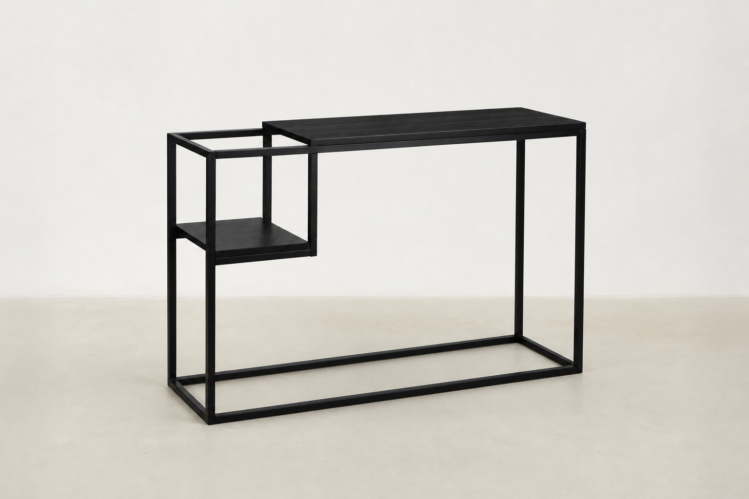 Sono Japandi console table with oak-look melamine top and black powder-coated metal frame