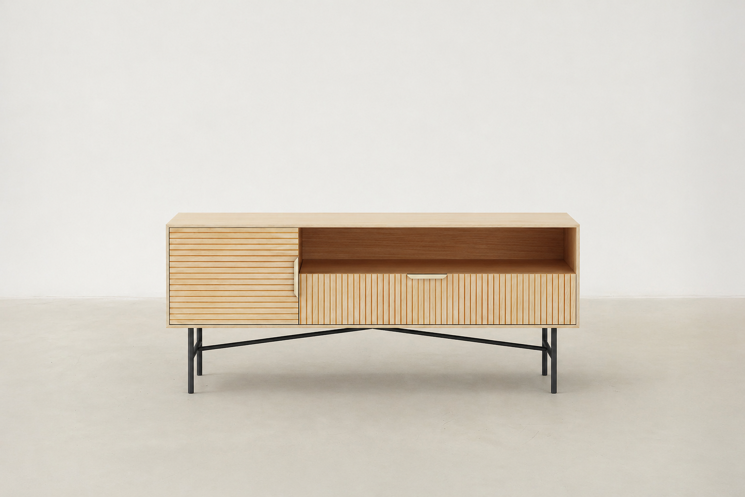 Topul fluted TV stand in oak veneer with black base and open shelf.
