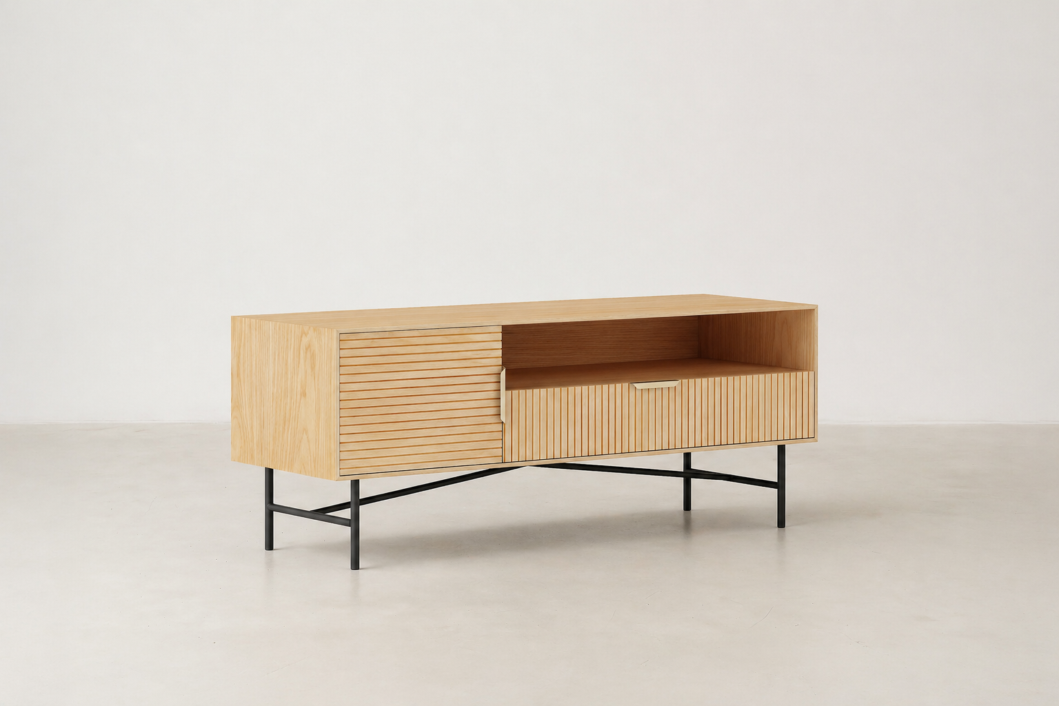 Topul fluted TV stand in oak veneer with black base and open shelf.