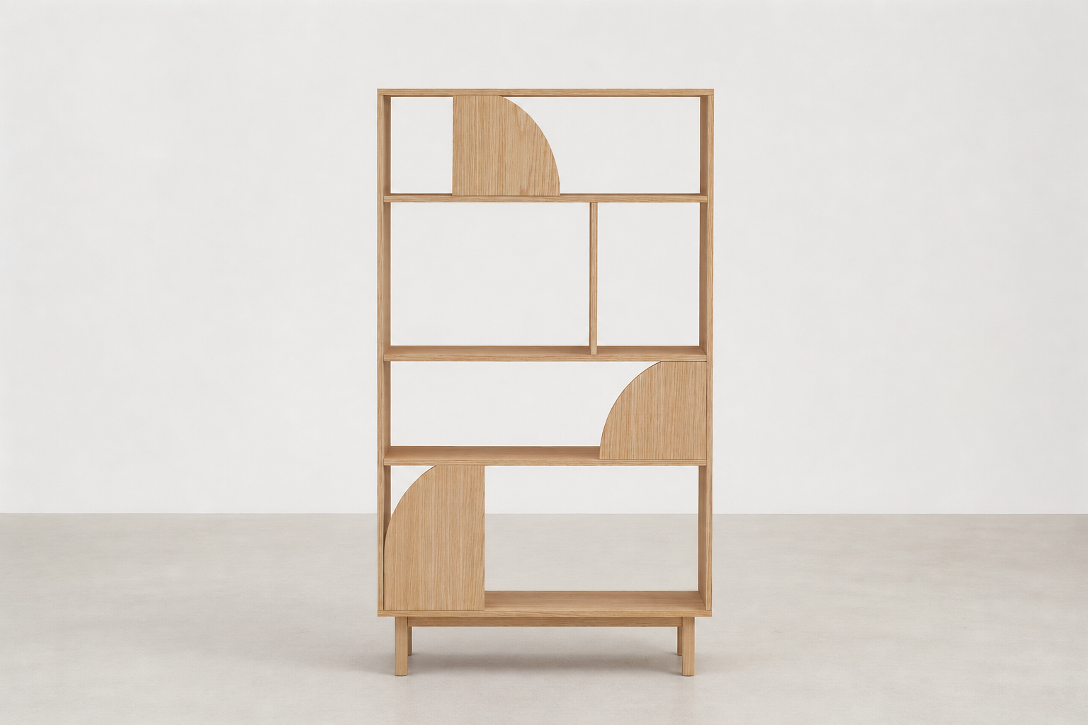 "Treselis oak wood shelving unit with curved geometric cutouts and modular display design.
"