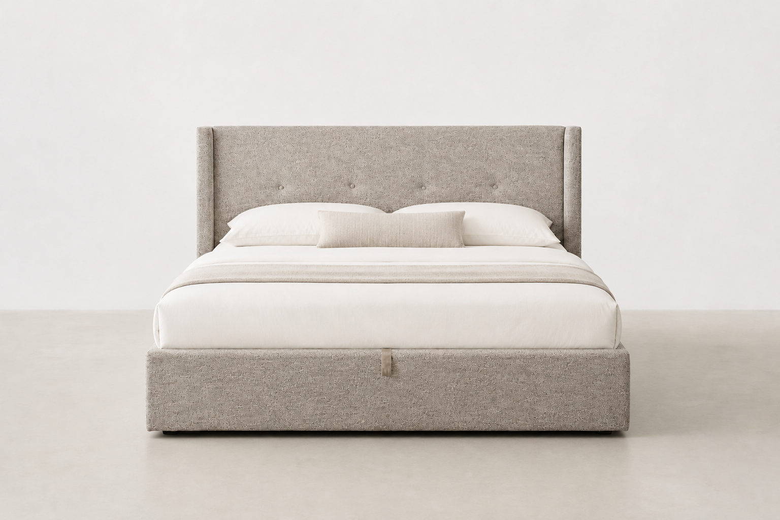 Cream white upholstered storage bed with lift-up base and pine wood slats – Alti bed for modern Vancouver bedrooms