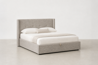 Cream white upholstered storage bed with lift-up base and pine wood slats – Alti bed for modern Vancouver bedrooms