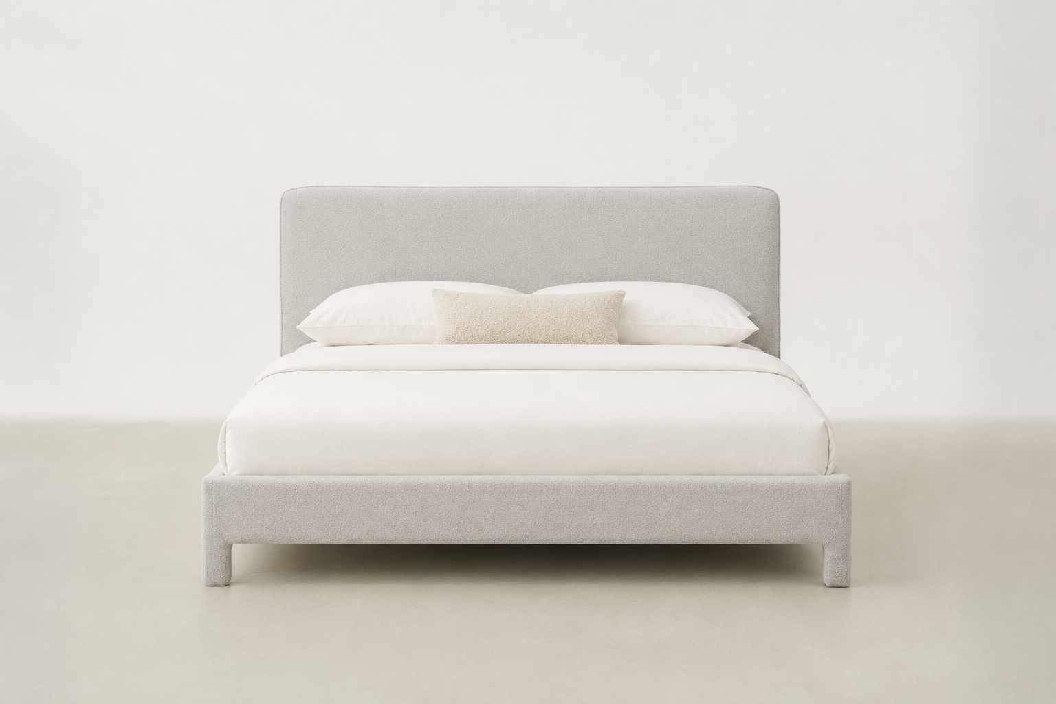 Bouclé platform bed with curved headboard and wide base – Aurora bed frame for Japandi Canadian bedrooms