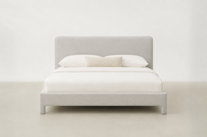 Bouclé platform bed with curved headboard and wide base – Aurora bed frame for Japandi Canadian bedrooms