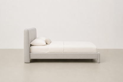 Bouclé platform bed with curved headboard and wide base – Aurora bed frame for Japandi Canadian bedrooms