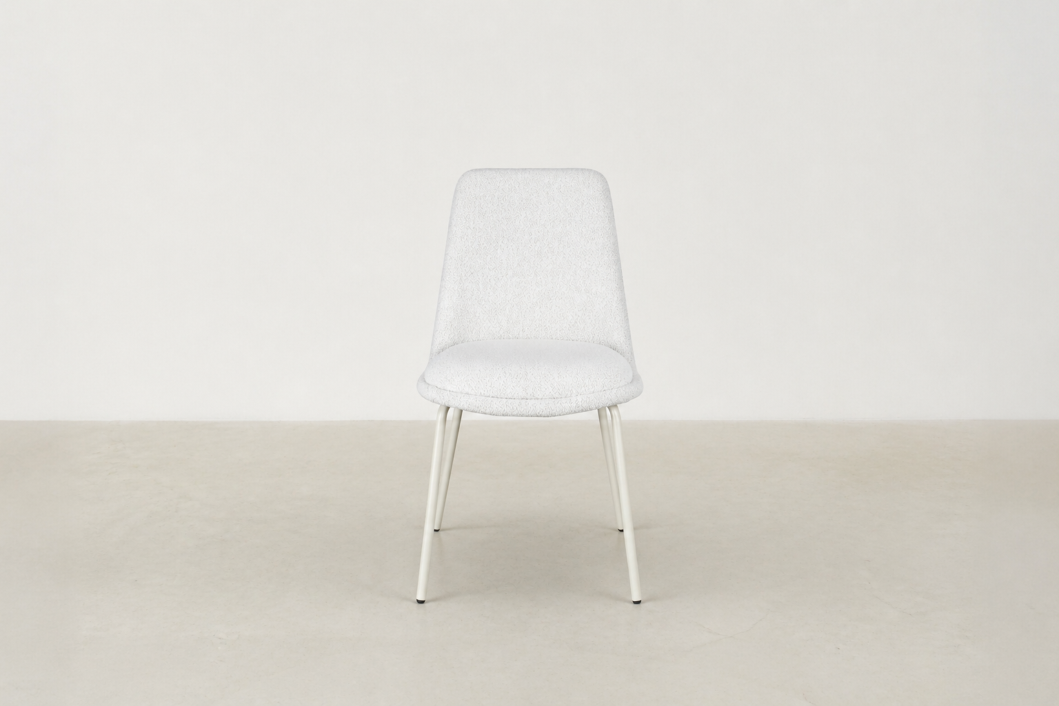 Bouclé dining chair with curved backrest and white metal legs – Aura chair for Canadian interiors