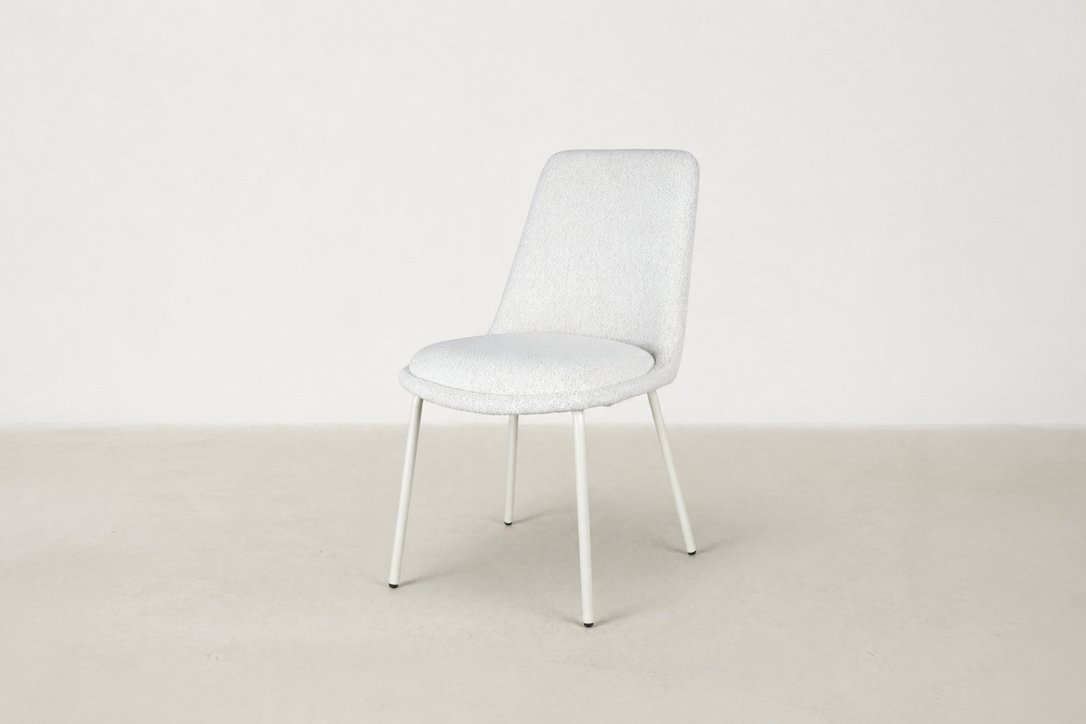 Bouclé dining chair with curved backrest and white metal legs – Aura chair for Canadian interiors
