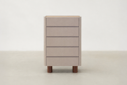 Avimire tall storage cabinet with travertine-look top, matte beige finish, and walnut-pattern legs