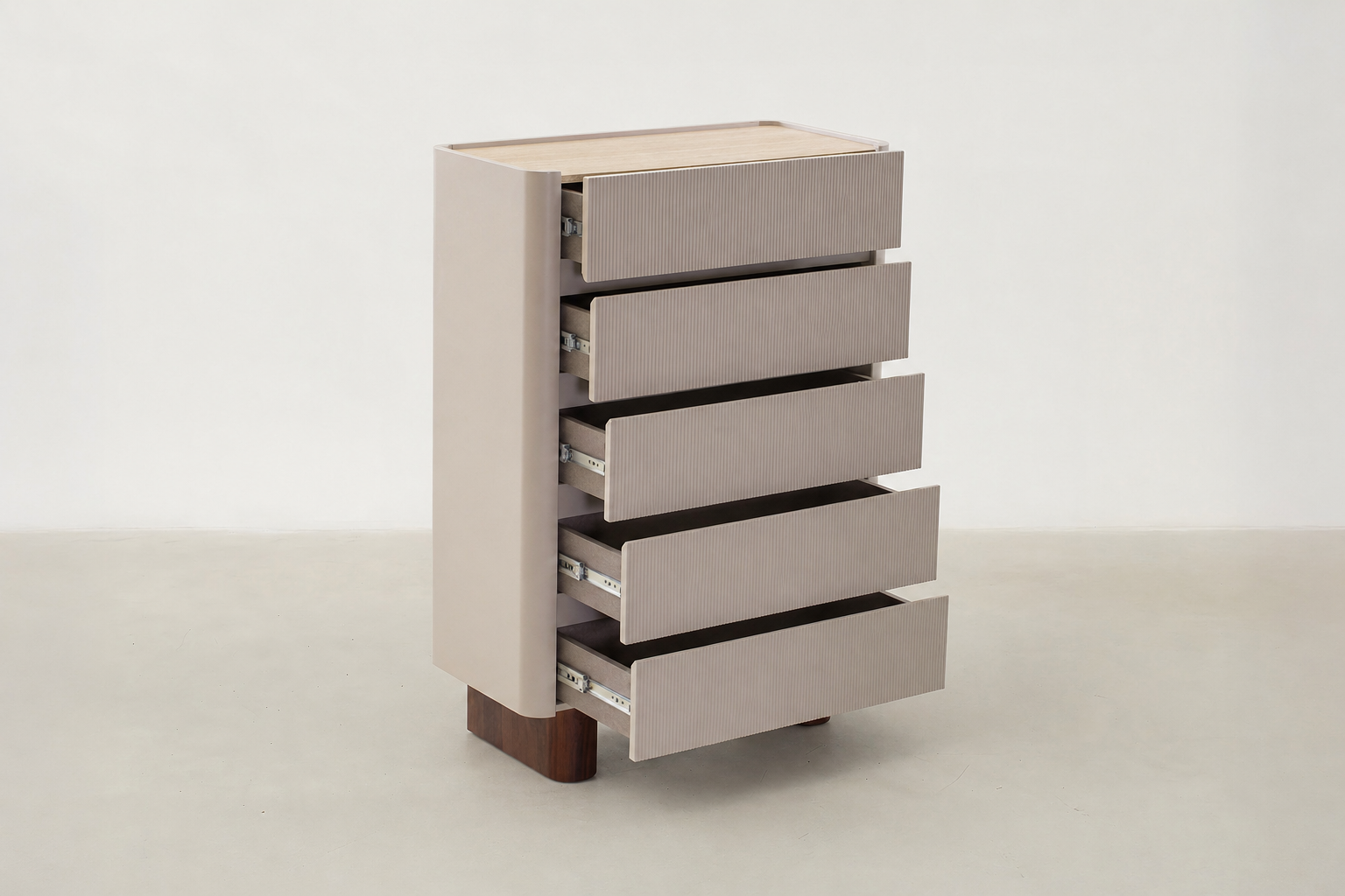 Avimire tall storage cabinet with travertine-look top, matte beige finish, and walnut-pattern legs