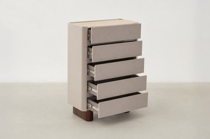 Avimire tall storage cabinet with travertine-look top, matte beige finish, and walnut-pattern legs