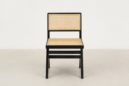 Baeloe Japandi dining chair with black wood frame and natural cane backrest