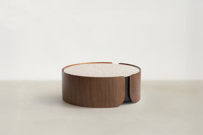 Cokas Luxe coffee table and end table set with yellow textured tempered glass top and walnut veneer base