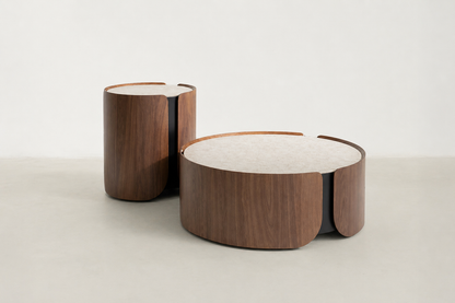 Cokas Luxe coffee table and end table set with yellow textured tempered glass top and walnut veneer base
