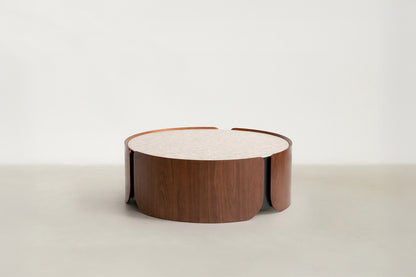 Cokas Luxe coffee table and end table set with yellow textured tempered glass top and walnut veneer base