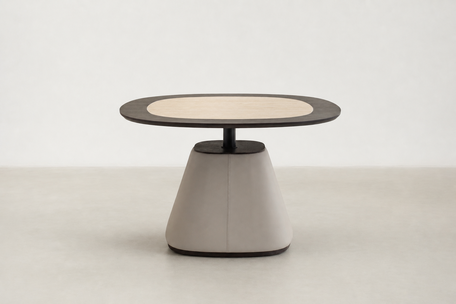 Cotolas dining table with travertine-look sintered stone top, smoked oak veneer frame, and vegan leather base