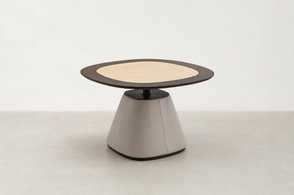 Cotolas dining table with travertine-look sintered stone top, smoked oak veneer frame, and vegan leather base