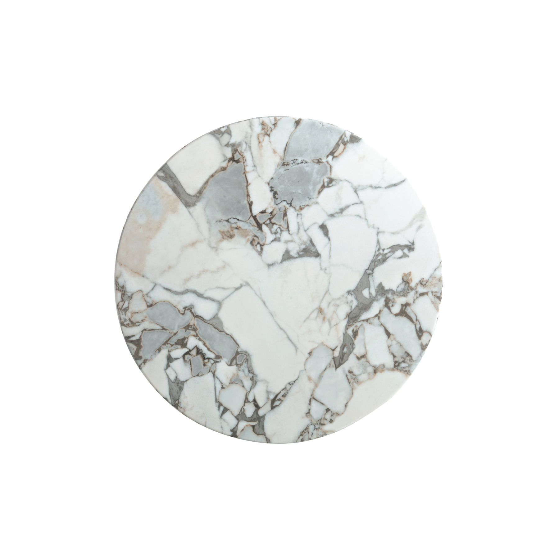 White round marble coffee table with veining and fluted black metal base – modern Canadian living room.